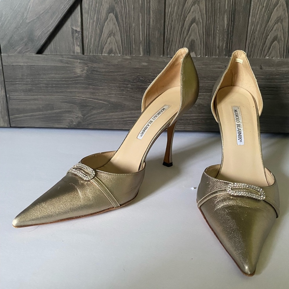 Metallic Leather Manolo Blahnik pointy toe d'orsay pump heels,  sz 41